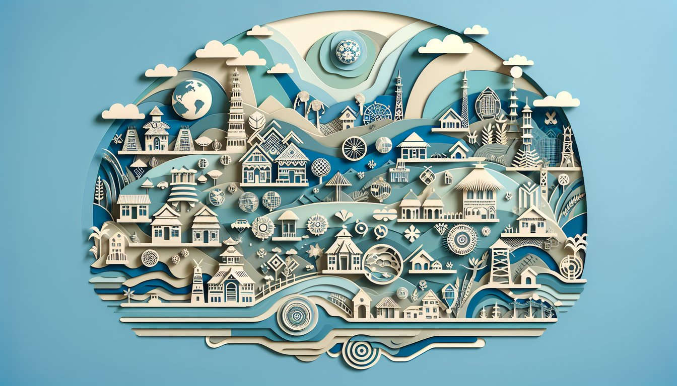 Paper art globe food music handshake icons on sky blue background for AP Human Geography cultural patterns quiz