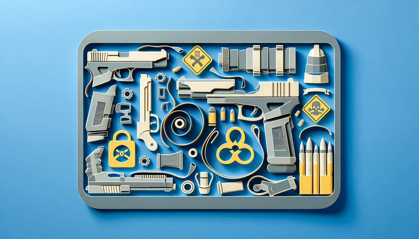 Paper art quiz layout with target safety icons bullets checklist and firearm silhouettes on sky blue background