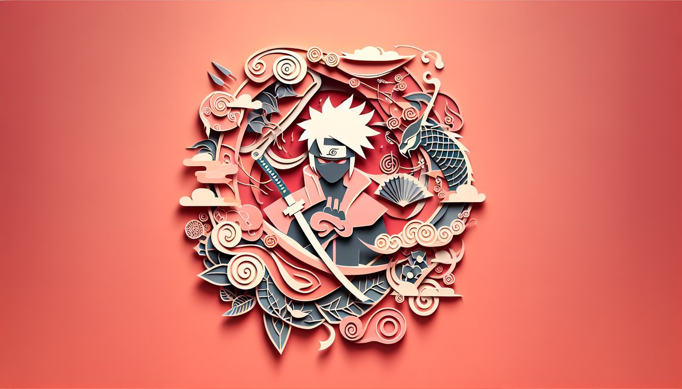 Paper art illustration for Yahiko Naruto quiz on a coral background