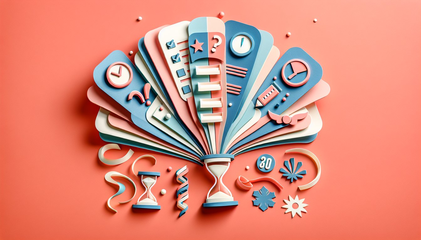 Paper art illustration with quiz cards hearts stars on coral background inviting friends to quiz who knows you best