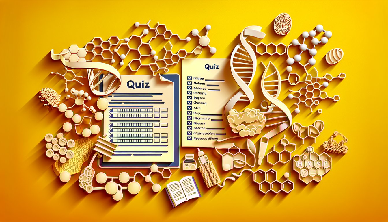 Paper art molecules and hormone icons on yellow background for quiz on macromolecules polymers and hormone production