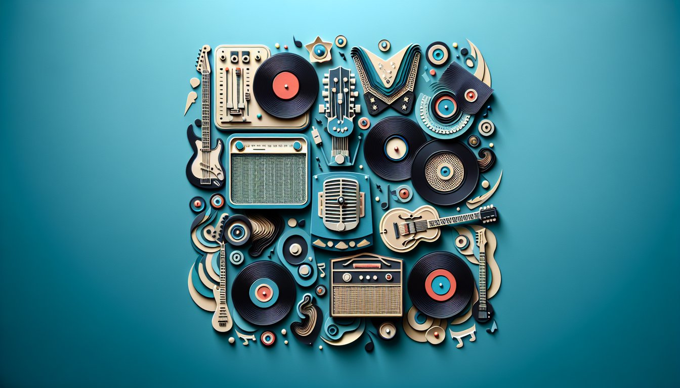Paper art illustration featuring Elvis silhouette guitar vinyl record with quiz headline on teal background