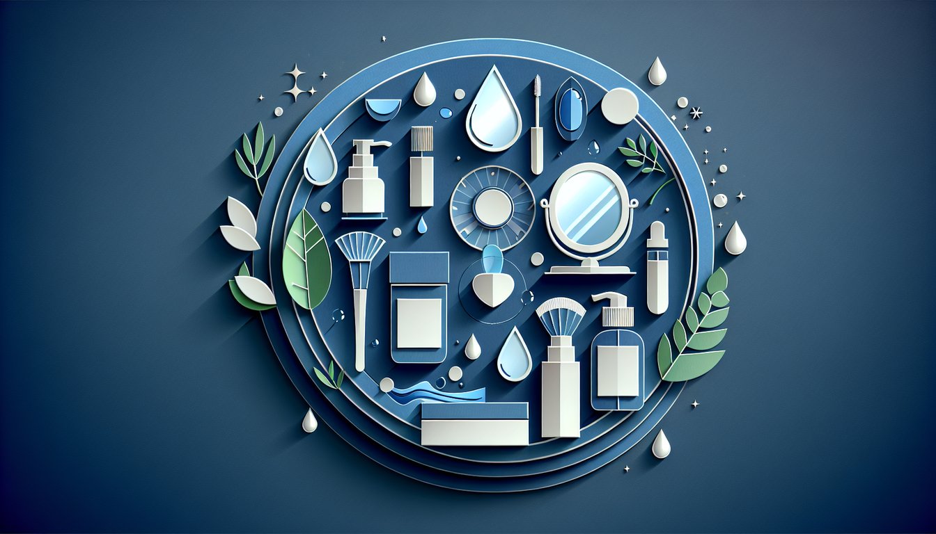 Paper art illustration featuring skincare icons stylized flowers and text How Can I Be Prettier Quiz on dark blue