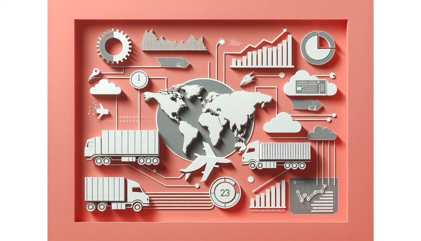 Paper art illustration for marketing management quiz with distribution transportation logistics icons on coral background