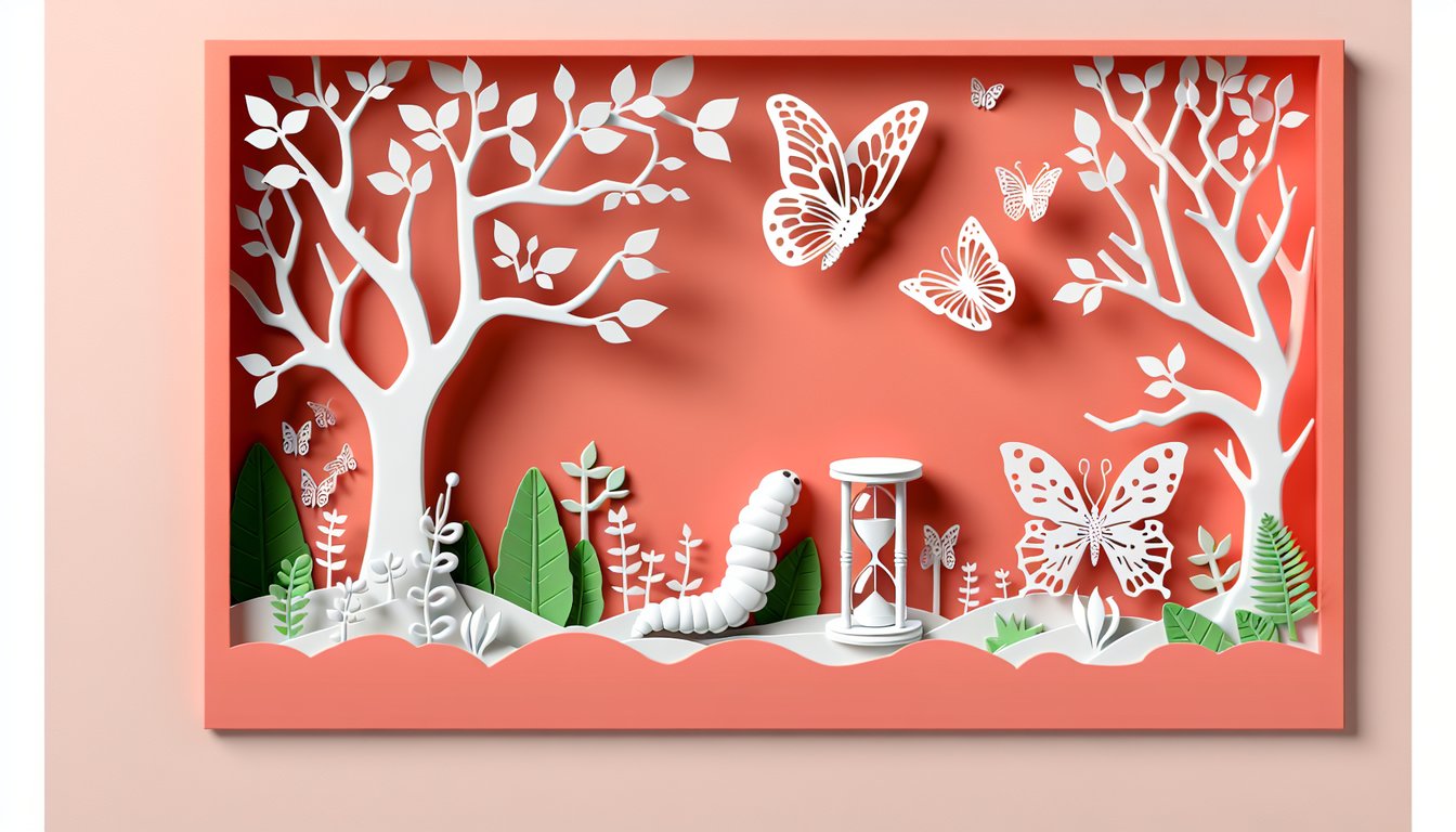 Paper art illustration for glow up age personality quiz on a coral background