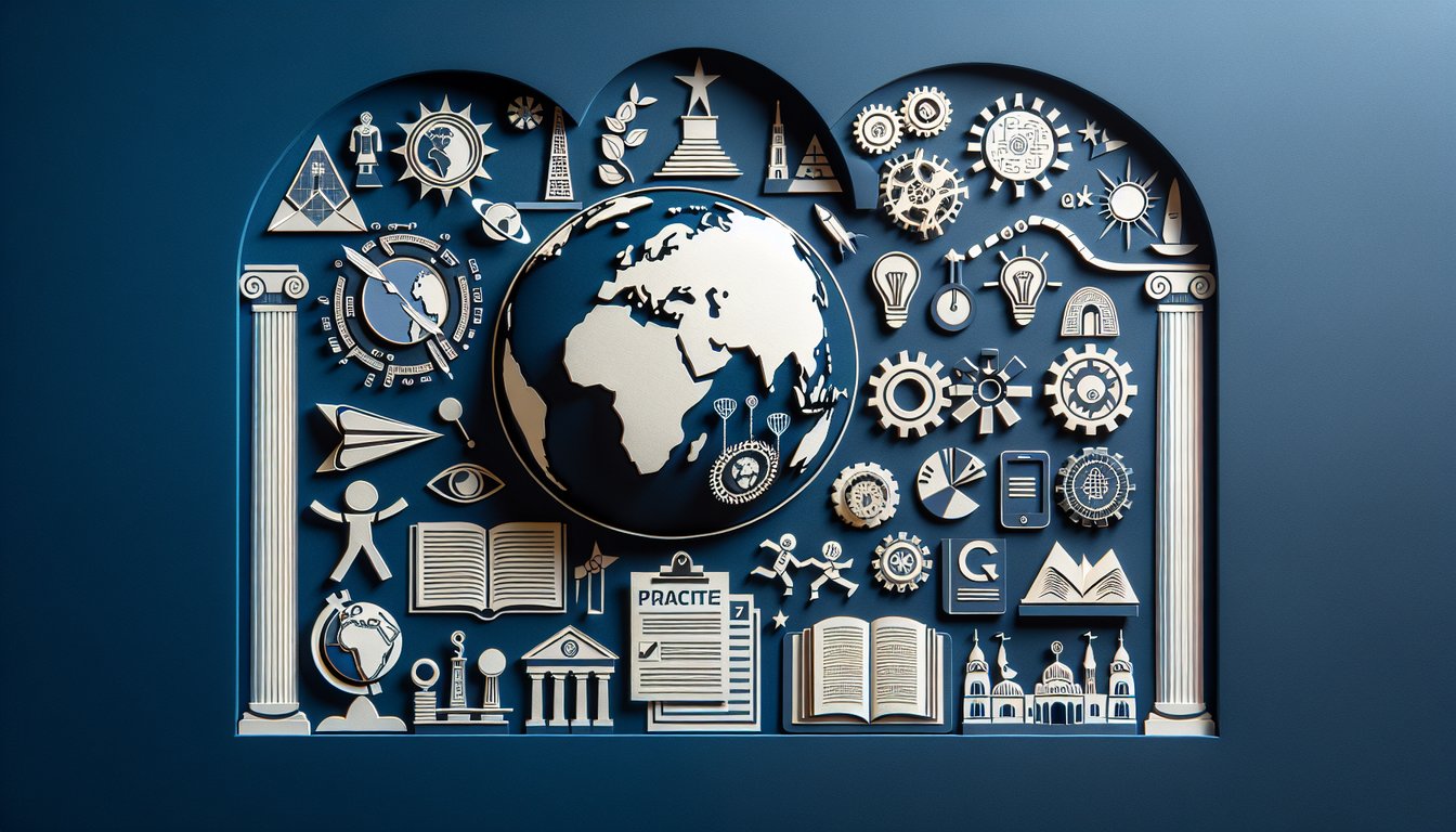 Colorful paper art promoting a World History Quest practice quiz for high school students.