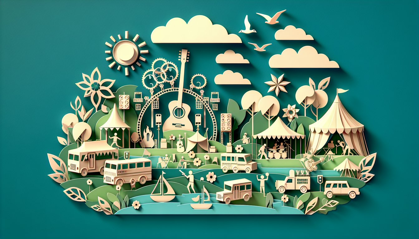 Paper cut scene with tent stage music notes sun palm leaves on teal background for summer festival vibe quiz