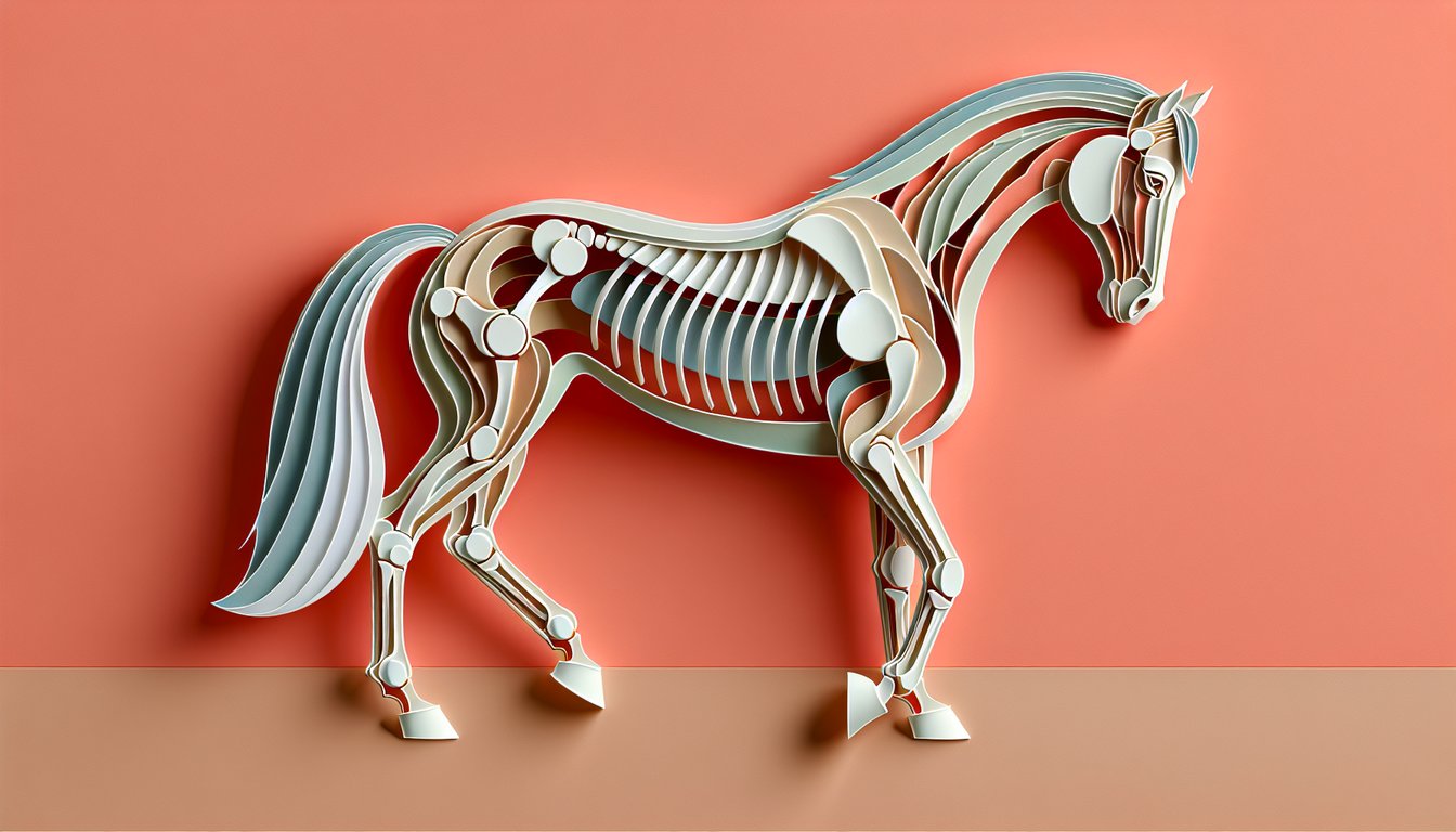 Paper cut style horse silhouette annotated with body part labels on coral background for anatomy quiz