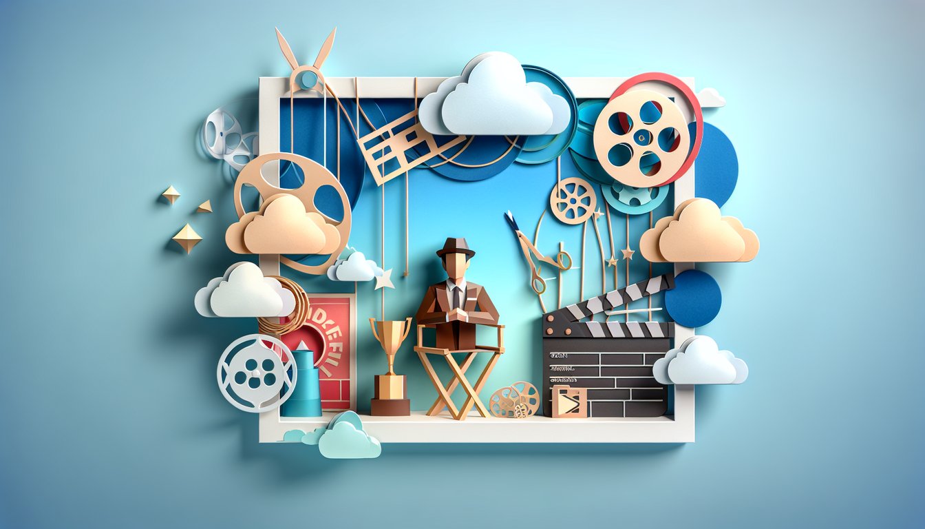 Paper art collage of Nicolas Cage silhouette film reels quiz icons on sky blue background.