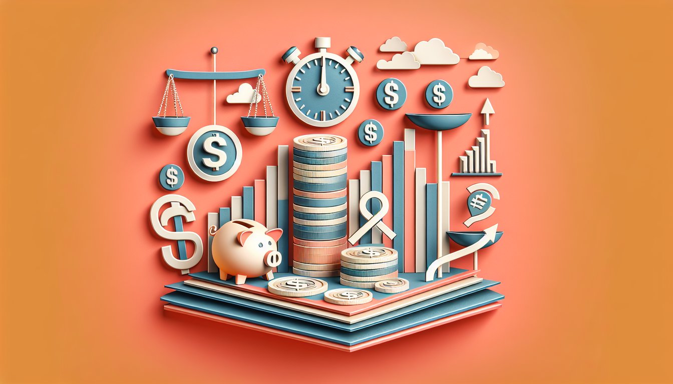 Paper art illustration with calculator stack of coins chart bars on coral background promoting free net worth quiz