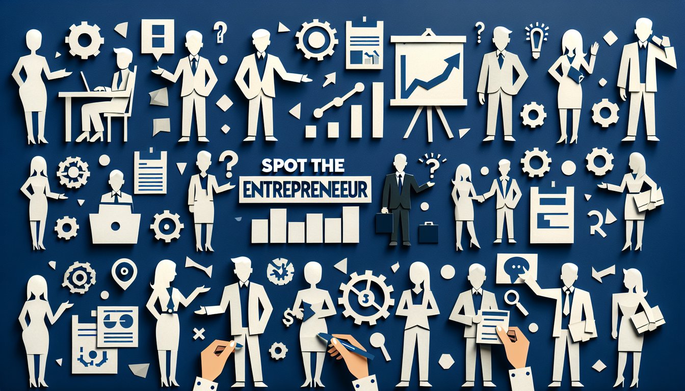 Colorful paper art promoting Spot the Entrepreneur trivia quiz for high school students.