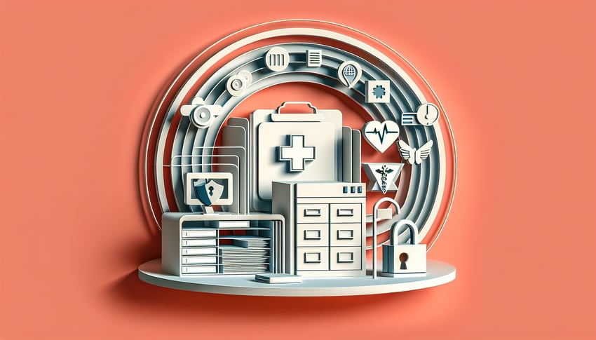 Paper art illustration for HIPAA compliance quiz coral background testing PHI rules penalties spotting errors