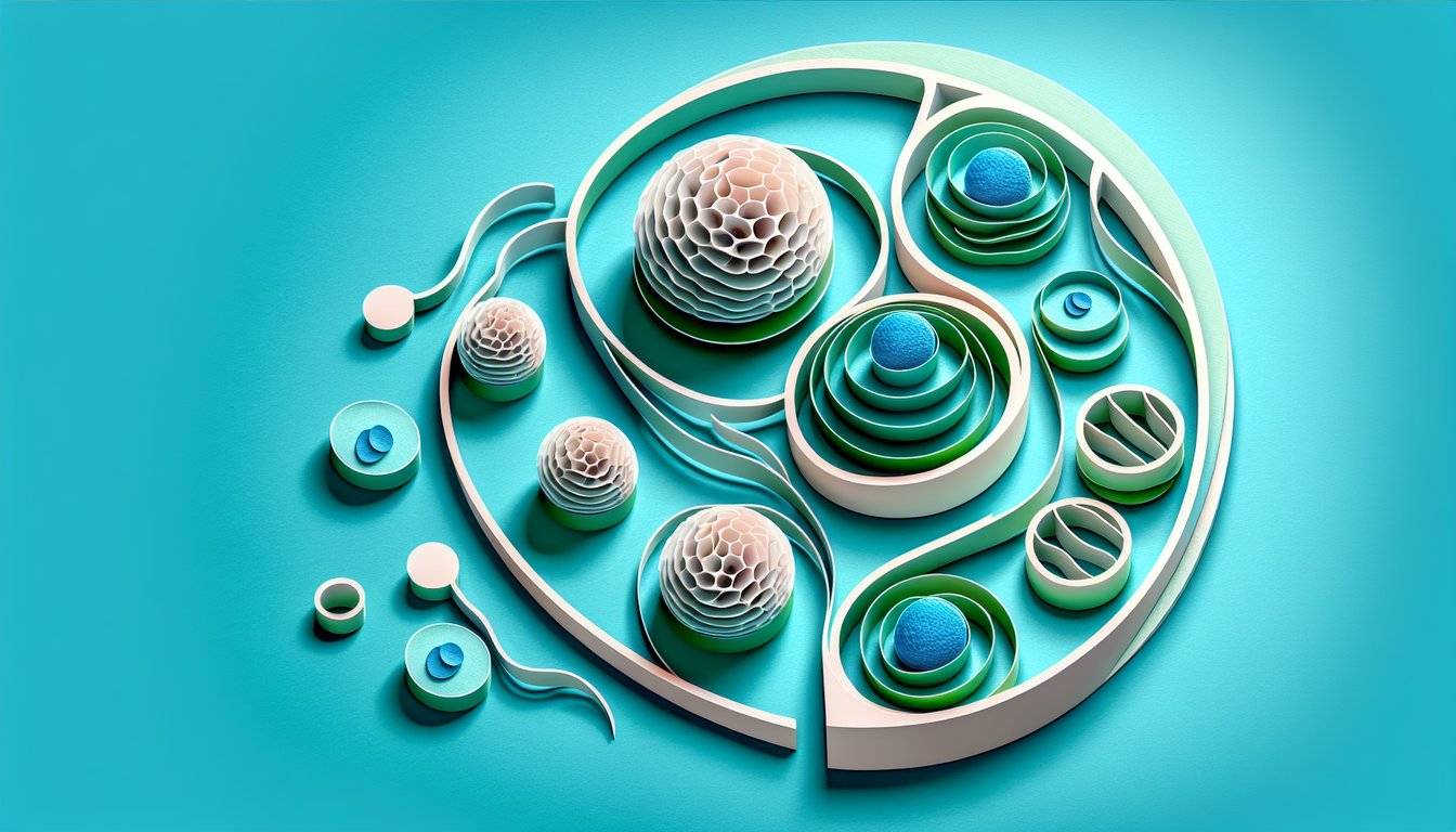 Paper art illustration for mitosis and meiosis quiz on teal background