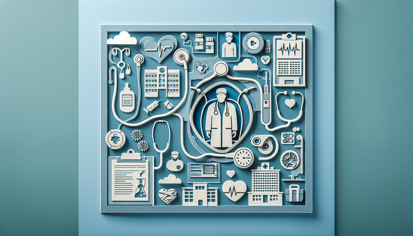 Paper art illustration for surgical tech practice exam quiz on a sky blue background