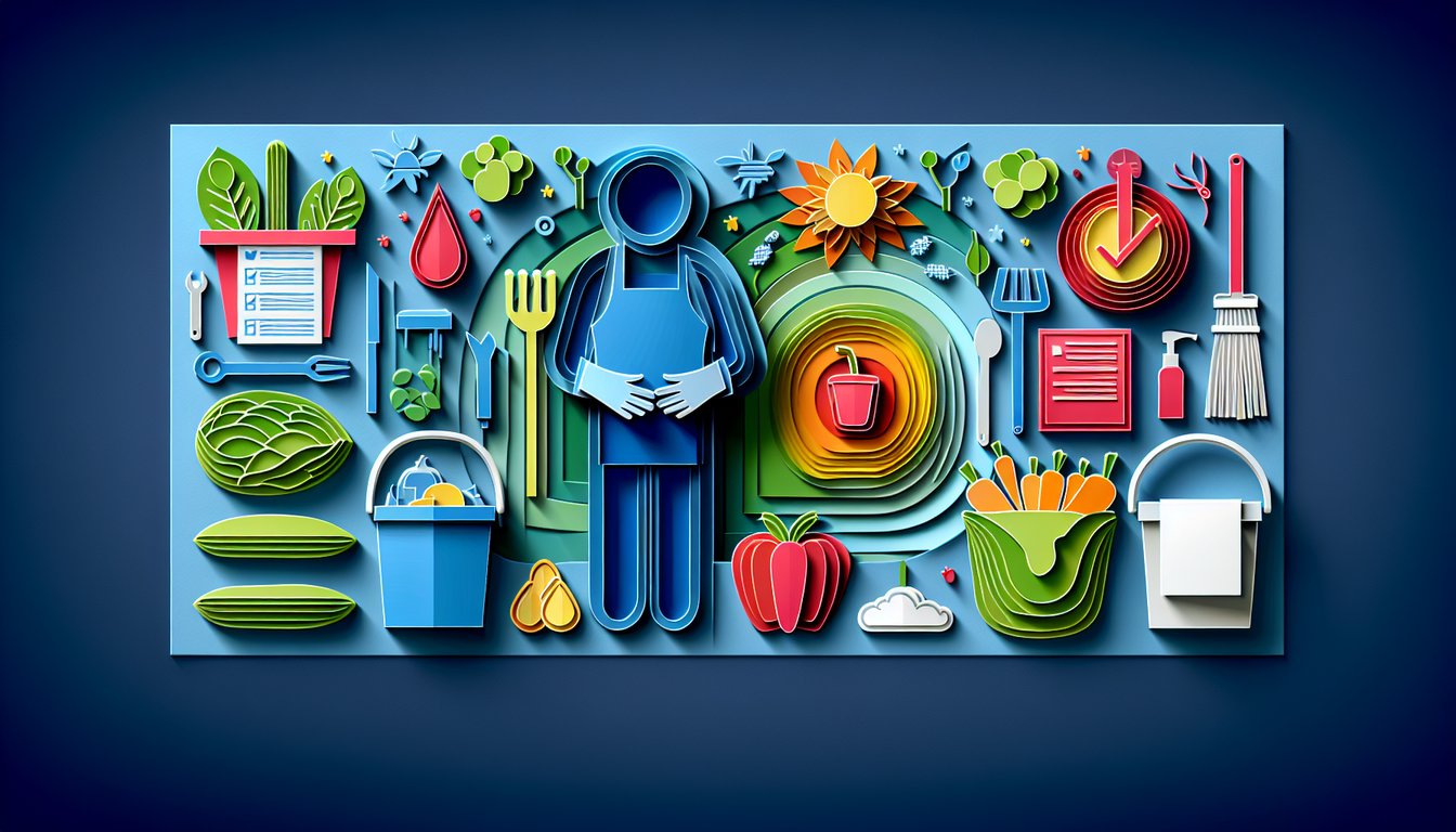 paper art illustration with quiz materials and food items for food safety and sanitation test on dark blue background