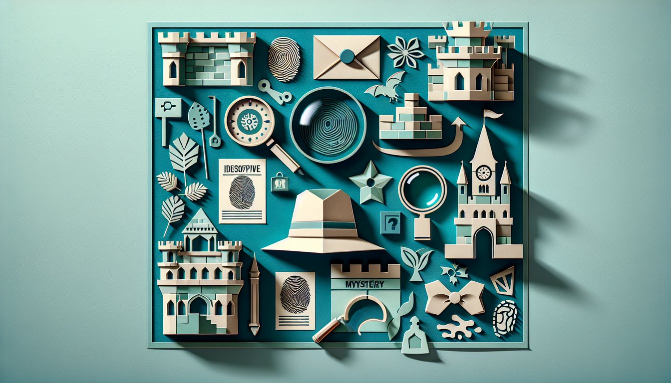 paper art illustration for Castle personality test on teal background featuring crime scene clues and character silhouettes