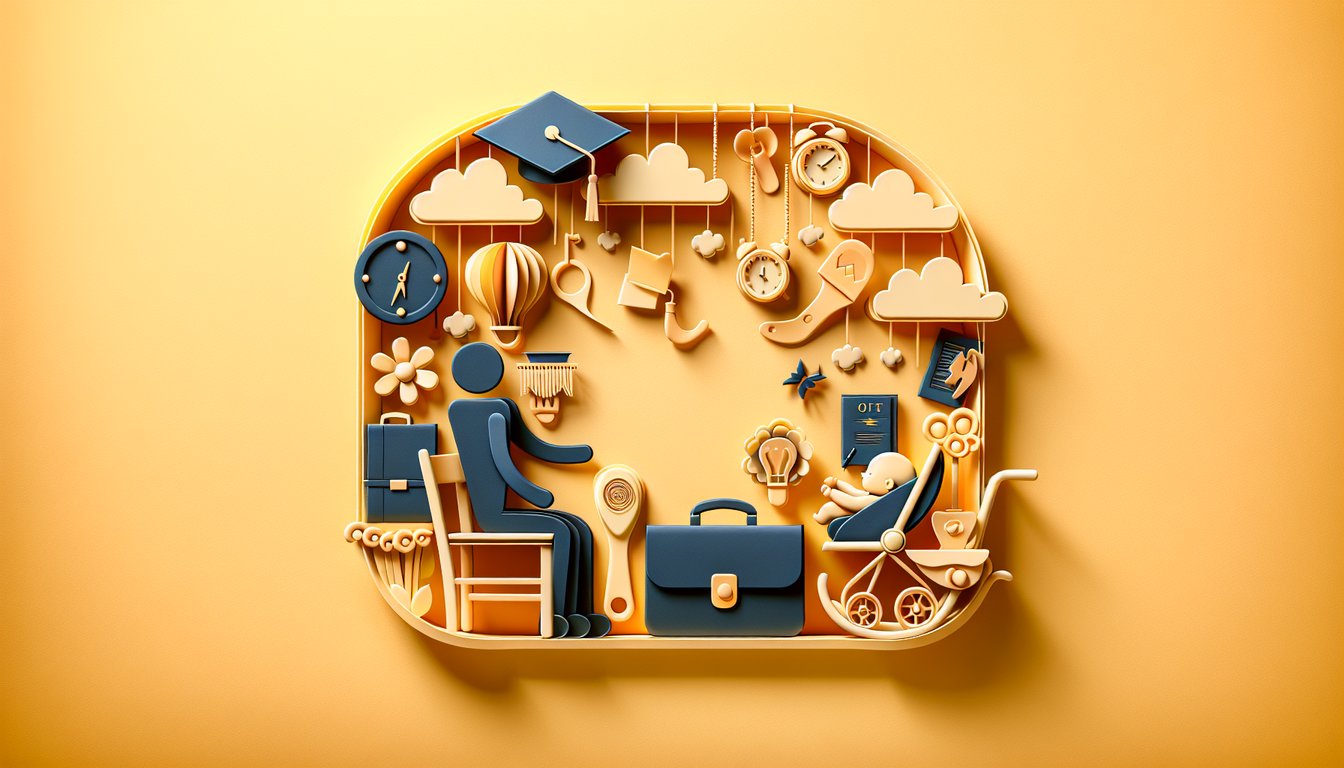 Paper art illustration of playful layered silhouettes and abstract shapes on golden yellow background for inner age quiz