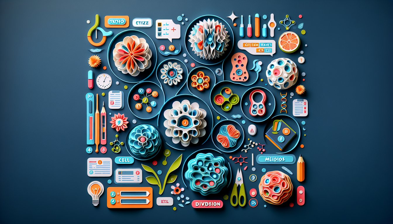 Paper art illustrating Snurfle Meiosis Mastery quiz for high school biology students.