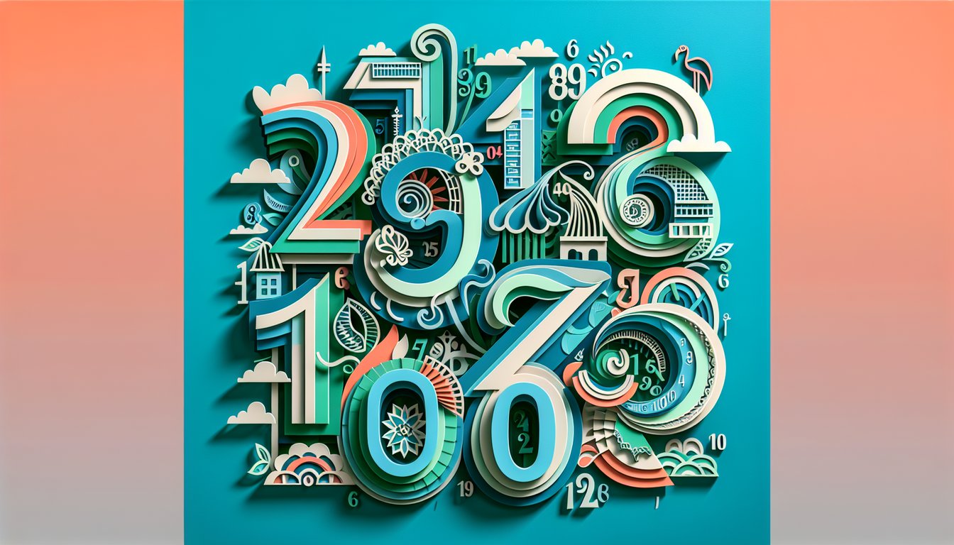 Paper art illustration numbers 1 to 100 in Spanish on teal background quiz invitation