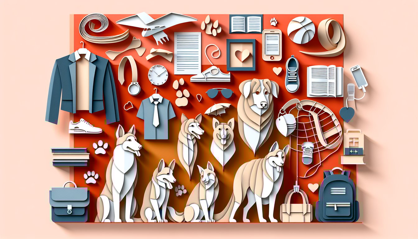 Paper cut style illustration with layered dog silhouettes playful text advertising free personality quiz on coral background