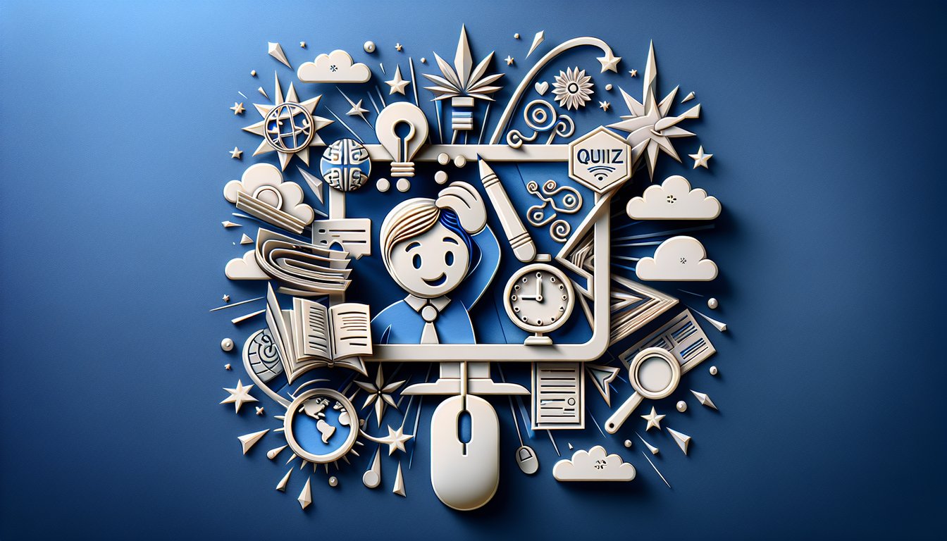 Paper art style laptop screen showing quiz questions with pencils stars and confetti on dark blue background