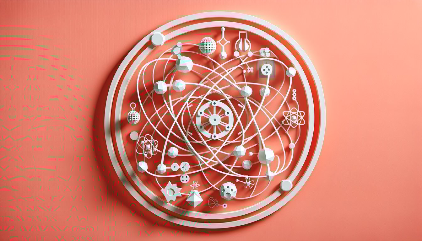 Paper art style atoms and isotopes orbiting nucleus quiz text on coral background.