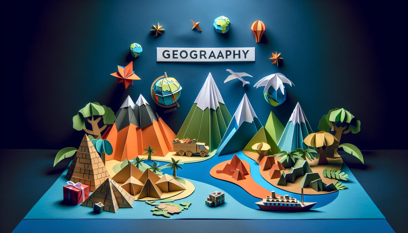 Colorful paper art depicting elements of geography for a trivia challenge