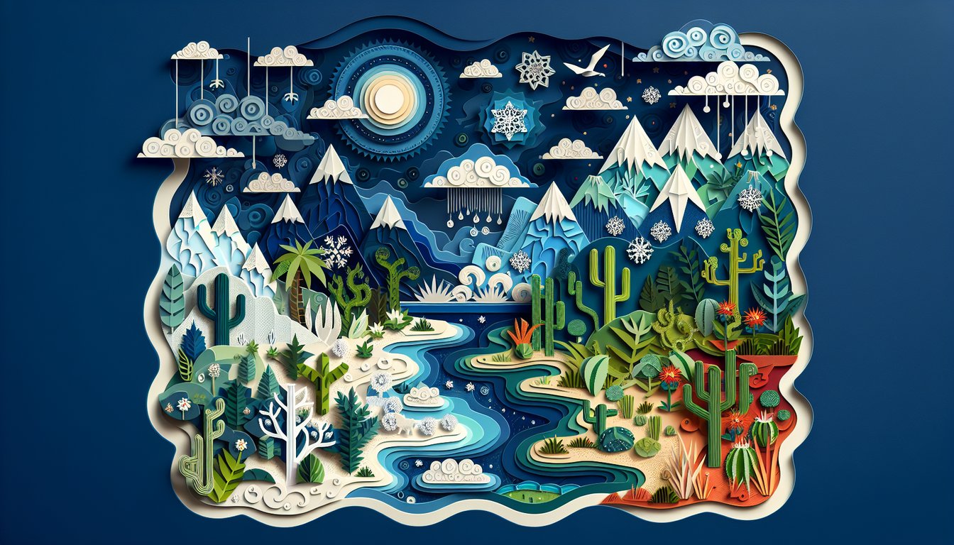 Colorful paper art representing diverse Earth biomes for a fast-paced trivia quiz.