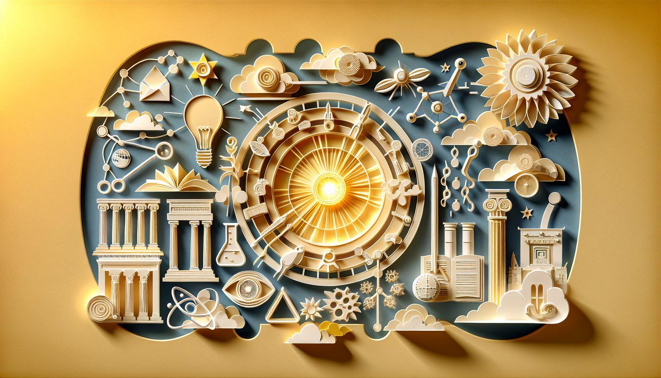 Paper art illustration for online general knowledge quiz on a golden yellow background