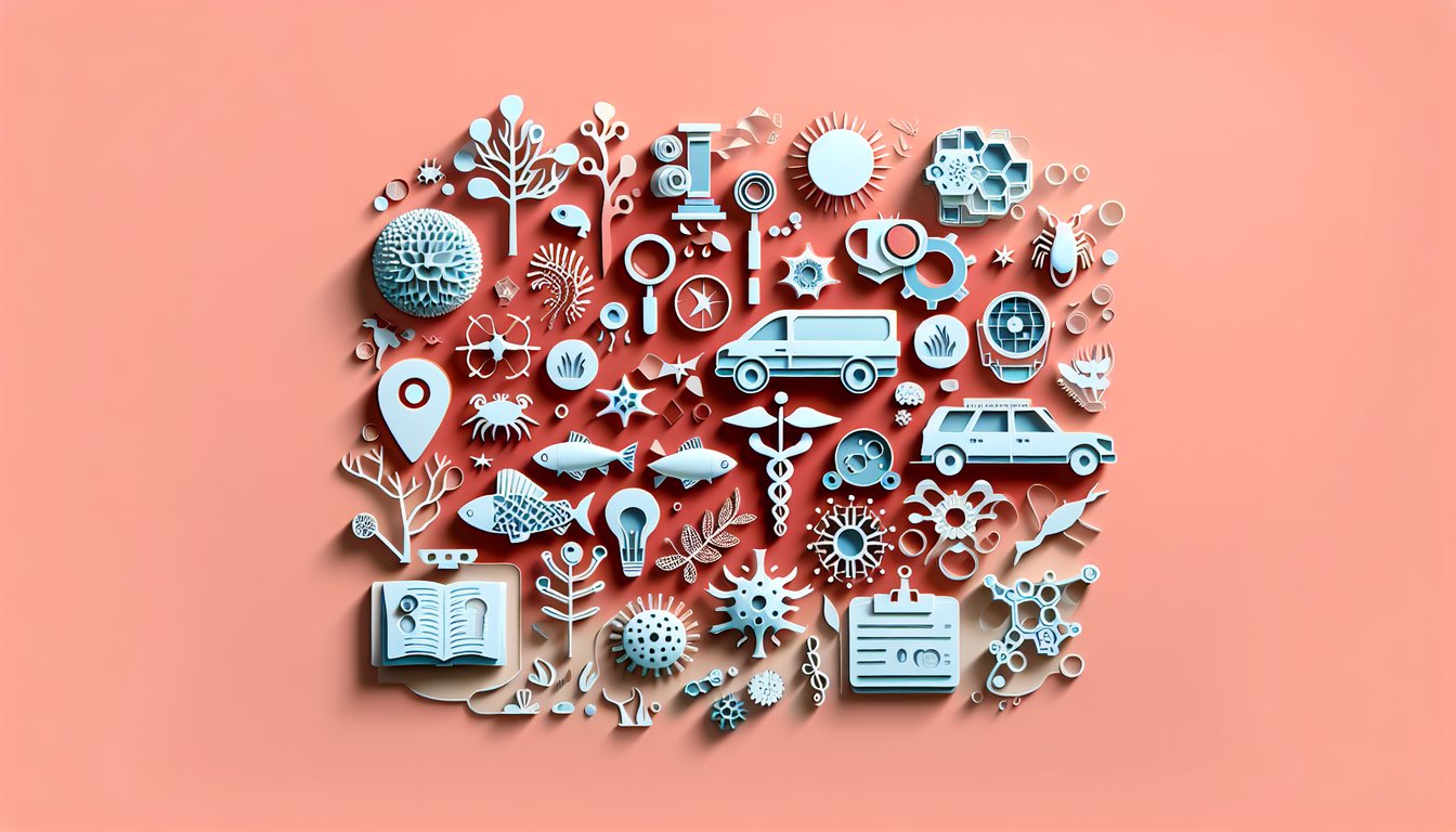 paper art illustration cells and microorganisms moving toward light and food on coral background for taxis and kinesis quiz