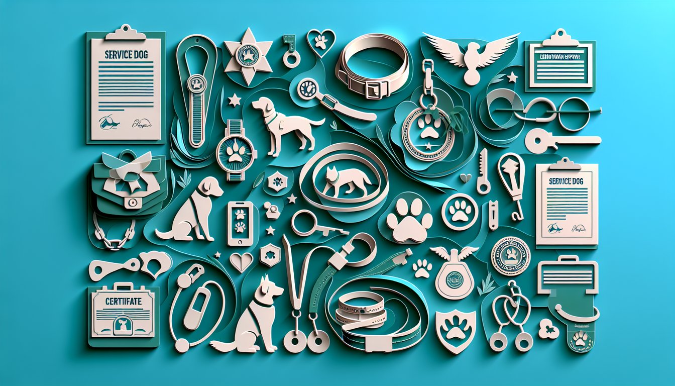 Paper art illustration for service dog qualification quiz on teal background