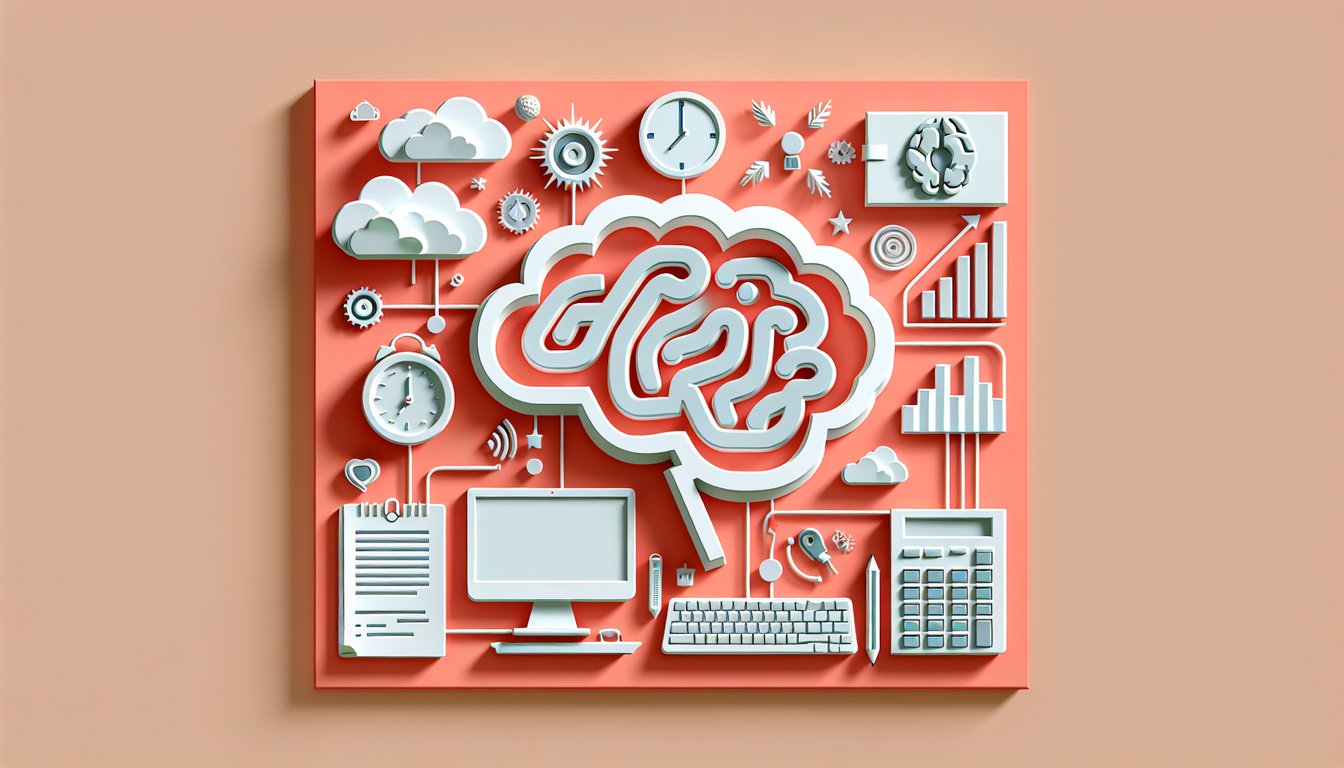 Paper cut shapes of gears play icons question marks and progress meters on coral background.