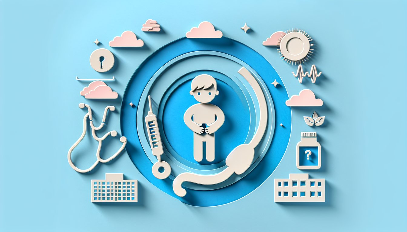 Paper art child clutching stomach with parent figure and medical symbols on sky blue background for appendicitis quiz