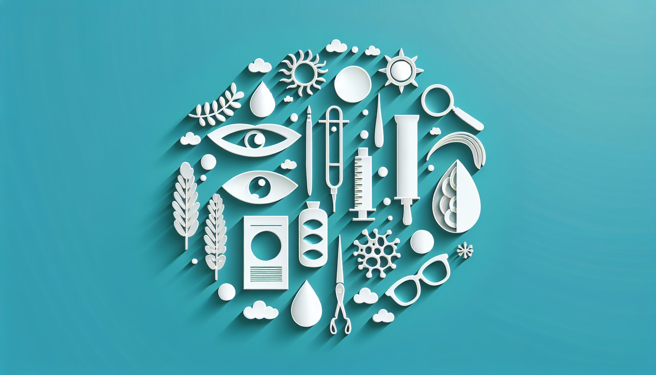 Teal background paper art illustration for Do I Have Pink Eye quiz featuring stylized eye and pollen allergy icons