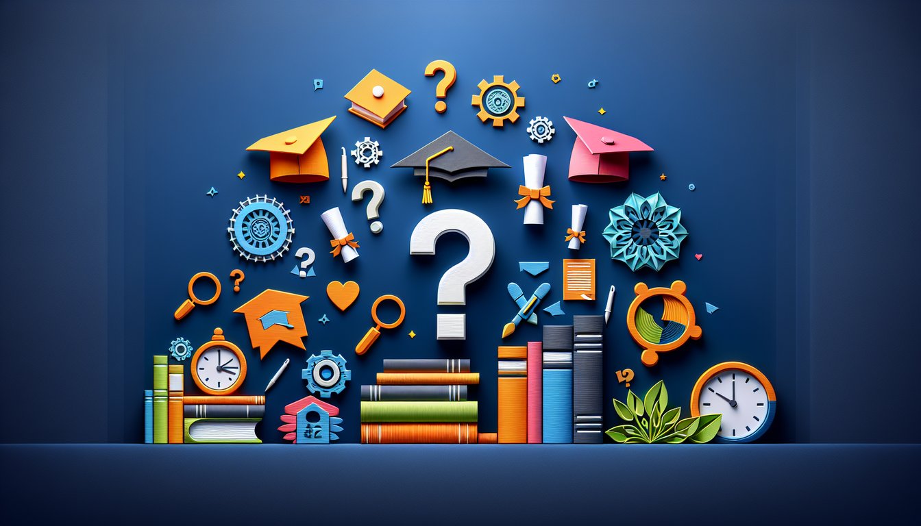 Colorful paper art displaying question marks, representing an Alumni Knowledge Quiz.