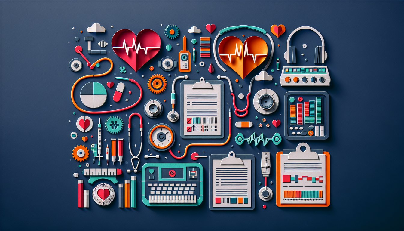 Colorful paper art depicting elements related to Medical Terminology and Transcription quiz.