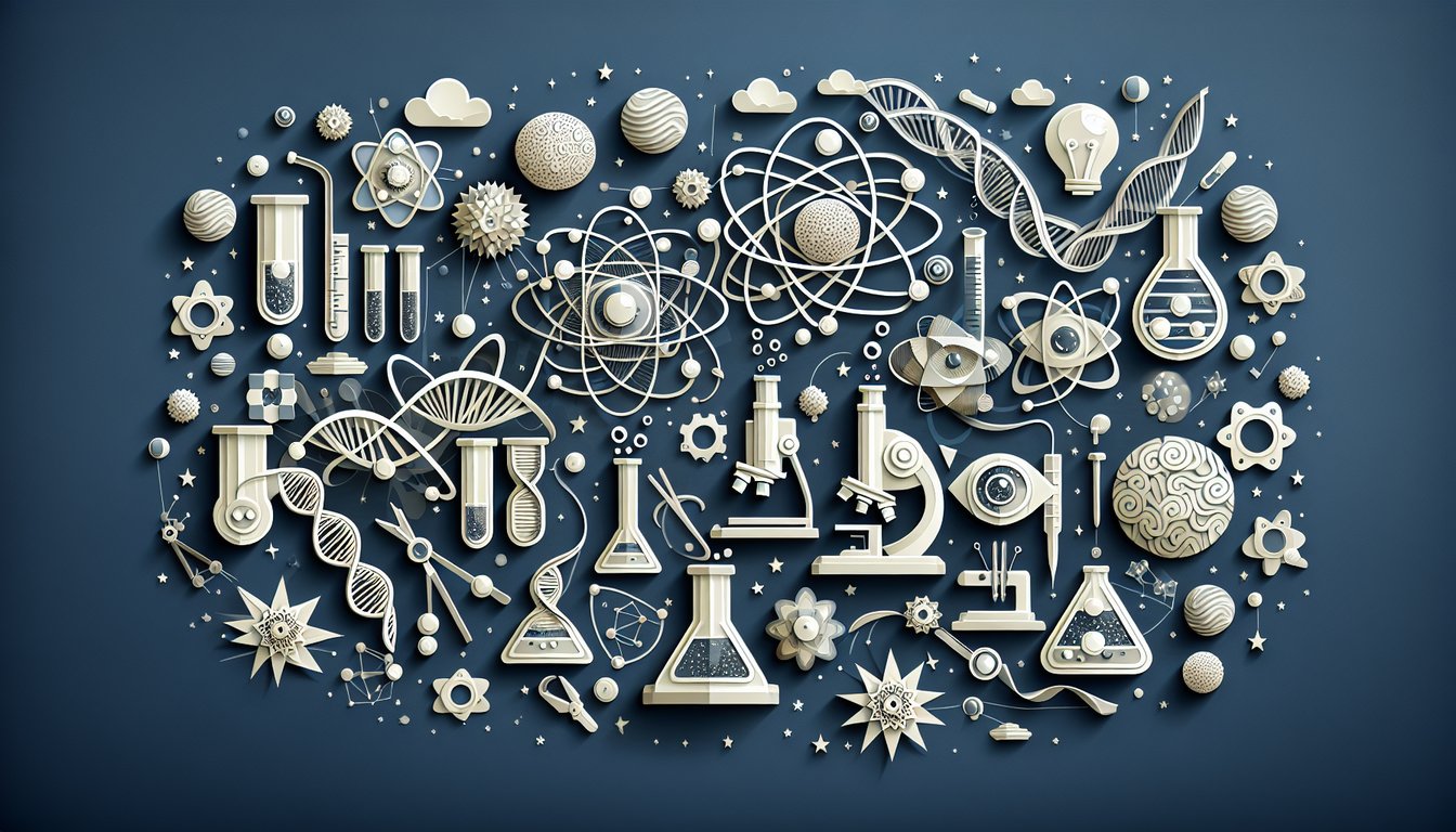 Colorful paper art promoting Science Quest Challenge, a high school science trivia quiz.