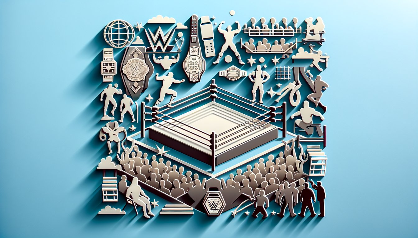 Paper art illustration for WWE quiz with trivia questions on sky blue background
