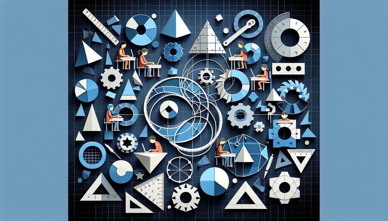 Colorful paper art promoting Geometric Sequence Showdown, a math trivia quiz for high school students.