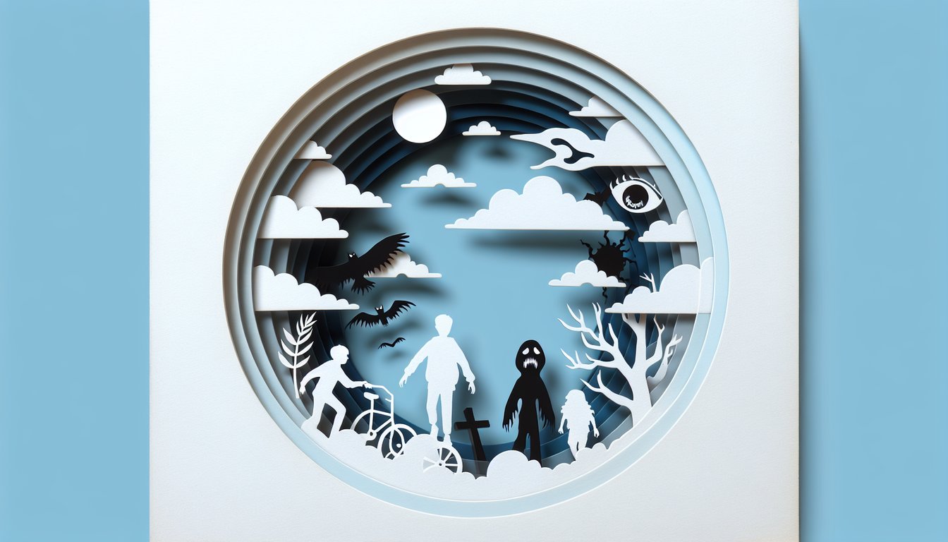 Paper art quiz header haunted mansion dripping blood creepy eyes trembling silhouette on sky blue background