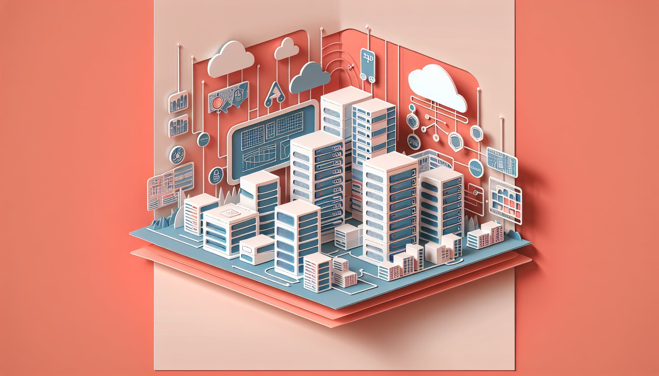 Paper art illustration of servers cloud icons keys on coral background representing IT infrastructure quiz