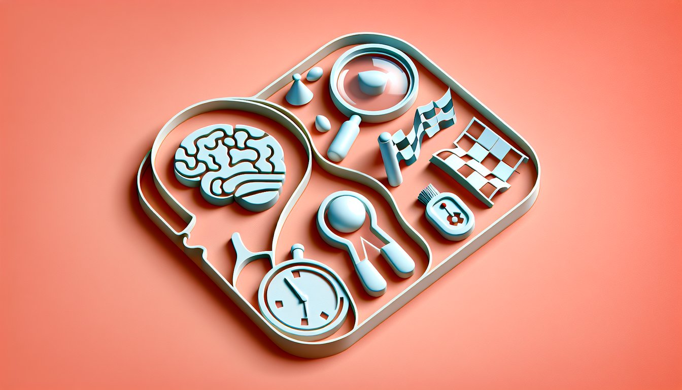Paper art illustration for attention span test quiz on a coral background