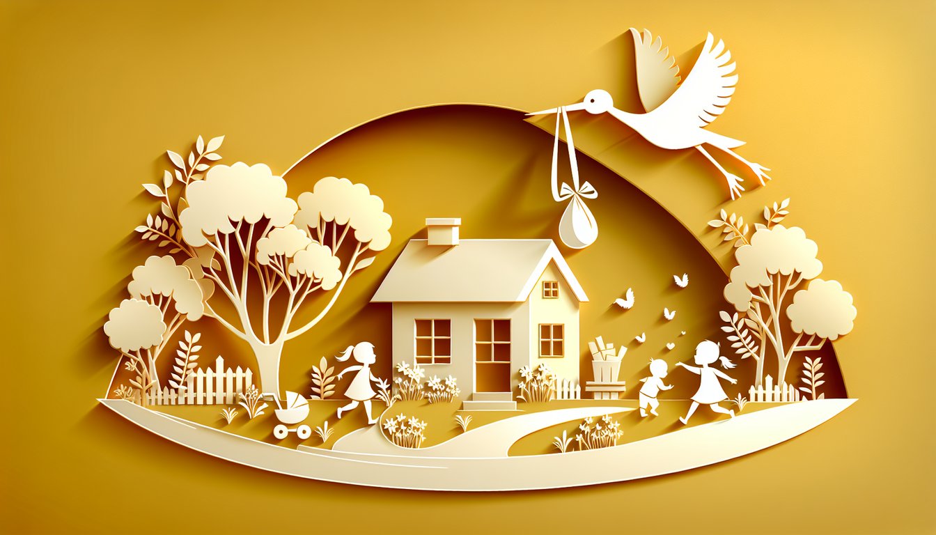 Paper art illustration for quiz about readiness to have another baby on a golden yellow background