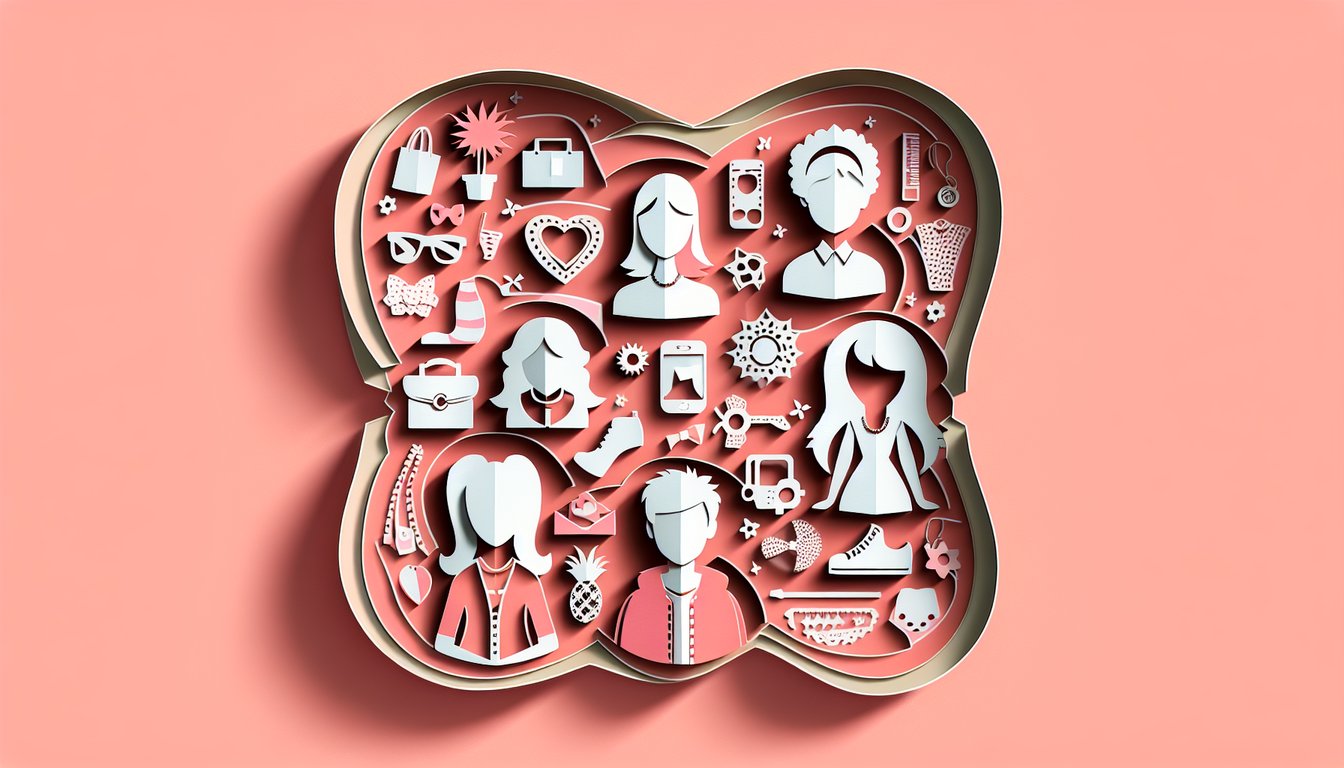 Layered paper art illustration of cartoon girl silhouettes representing Jessie Emma Zuri and friends on coral background