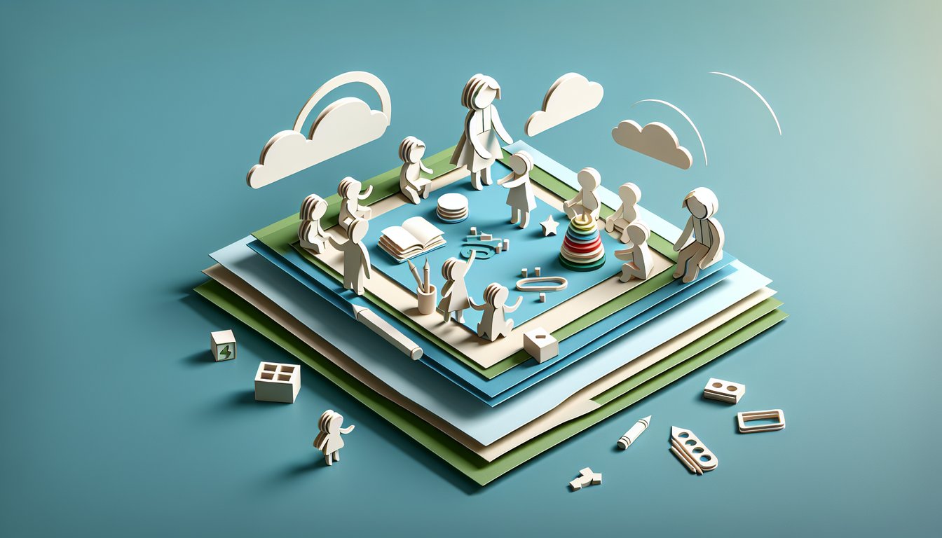 Paper art illustration for early childhood education practice test on teal background