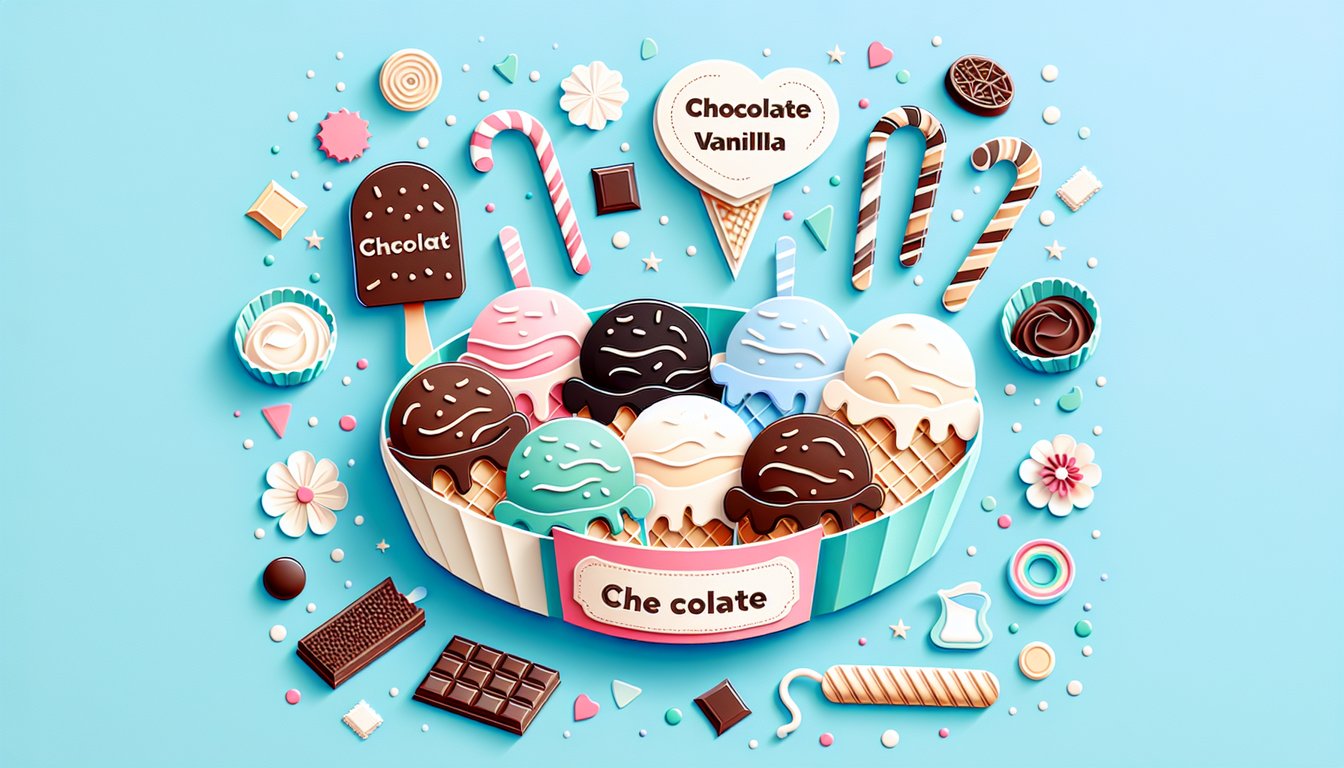 Paper art illustration for ice cream flavor personality quiz on sky blue background