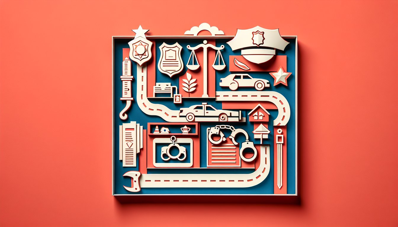 Paper art showing badge clipboard decision icons for police officer career quiz on coral background
