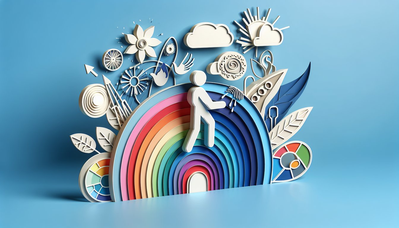 Paper art illustration for a color personality quiz on a sky blue background