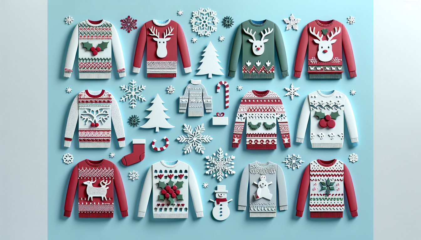 Paper art illustration with festive ugly Christmas sweaters and snowflakes on sky blue background for holiday sweater quiz
