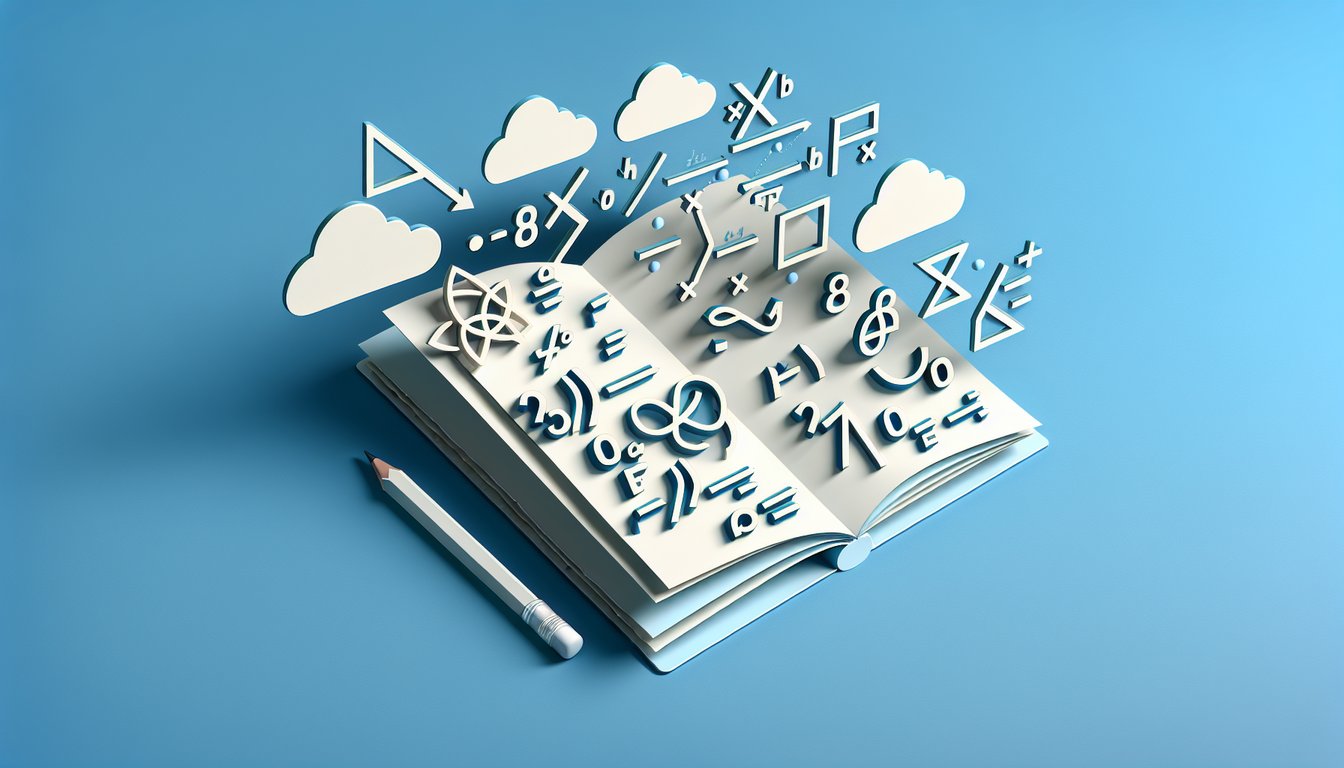 Paper art illustration for equation quiz with algebra problems and linear equations on sky blue background